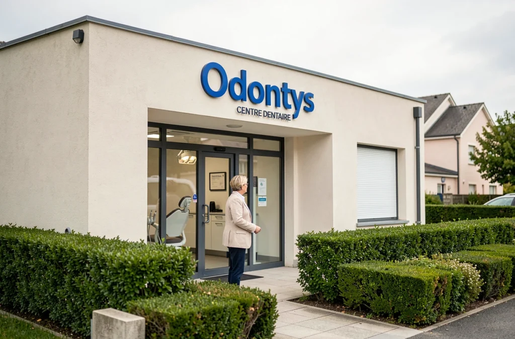 Façade du Centre Dentaire Caen Épron Odontys avec patiente entrant dans la clinique