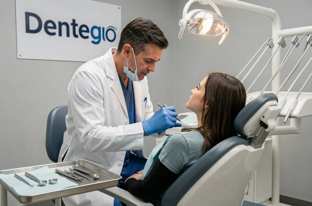Dentiste du centre Dentego Caen Saint-Pierre examinant une patiente dans un cabinet moderne