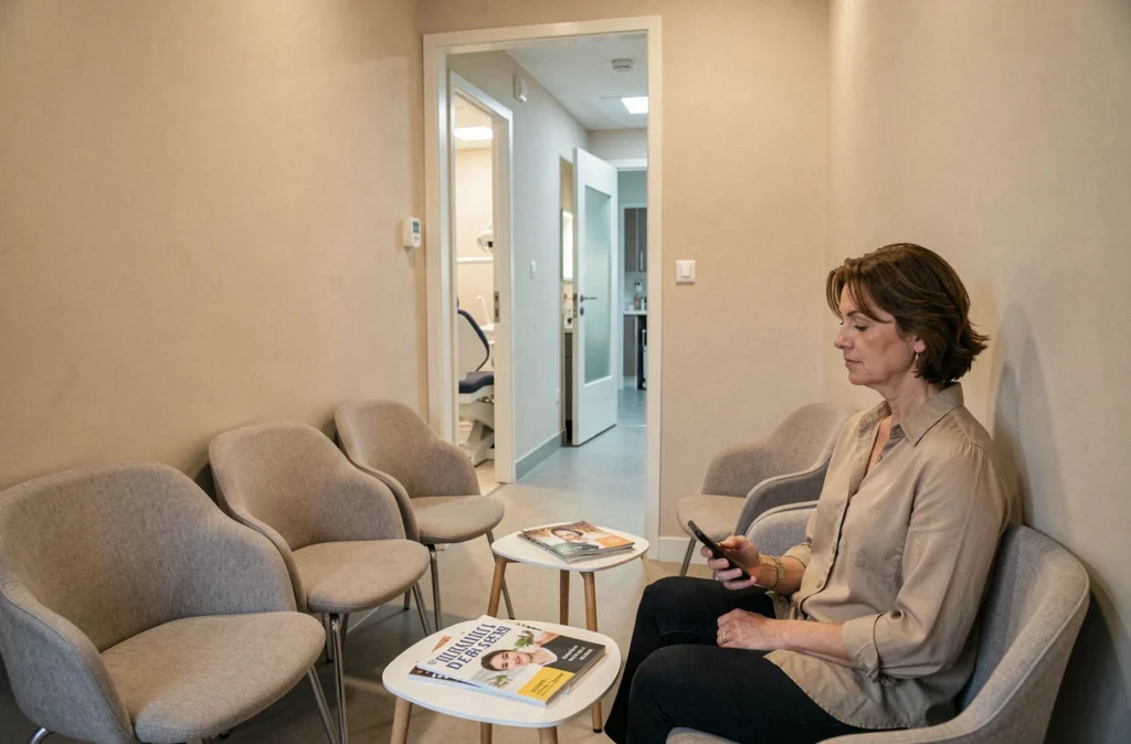 Salle d'attente du centre dentaire Caen Vaucelles avec patiente assise