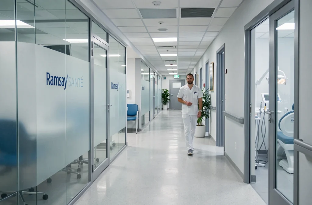 Couloir du centre médical Ramsay Santé Caen avec personnel soignant