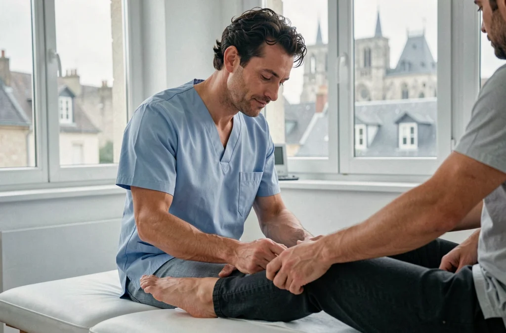 Damien Fabre, ostéopathe à Chartres, examinant le genou d'un patient assis sur la table de traitement