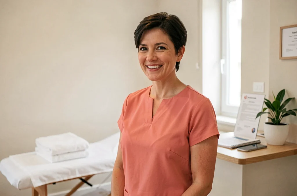 Elisa Wahnich, ostéopathe à Vendôme, accueillant un nouveau patient dans son cabinet