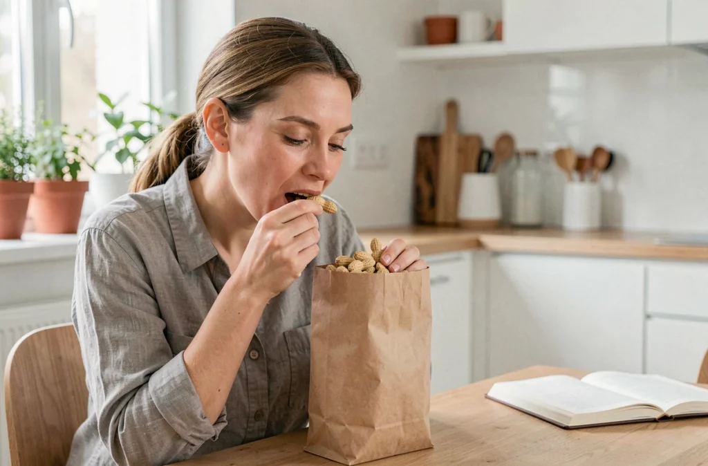 Une femme mangeant une poignée de cacahuètes grillées à table dans une cuisine scandinave moderne avec un carnet ouvert devant elle