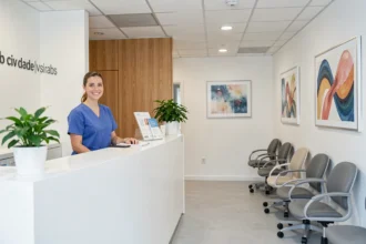Réception moderne d'un centre dentaire dans le Calvados avec personnel accueillant