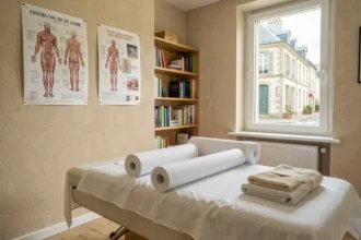 Salle de consultation d'un ostéopathe en Centre-Val de Loire avec table de traitement professionnelle