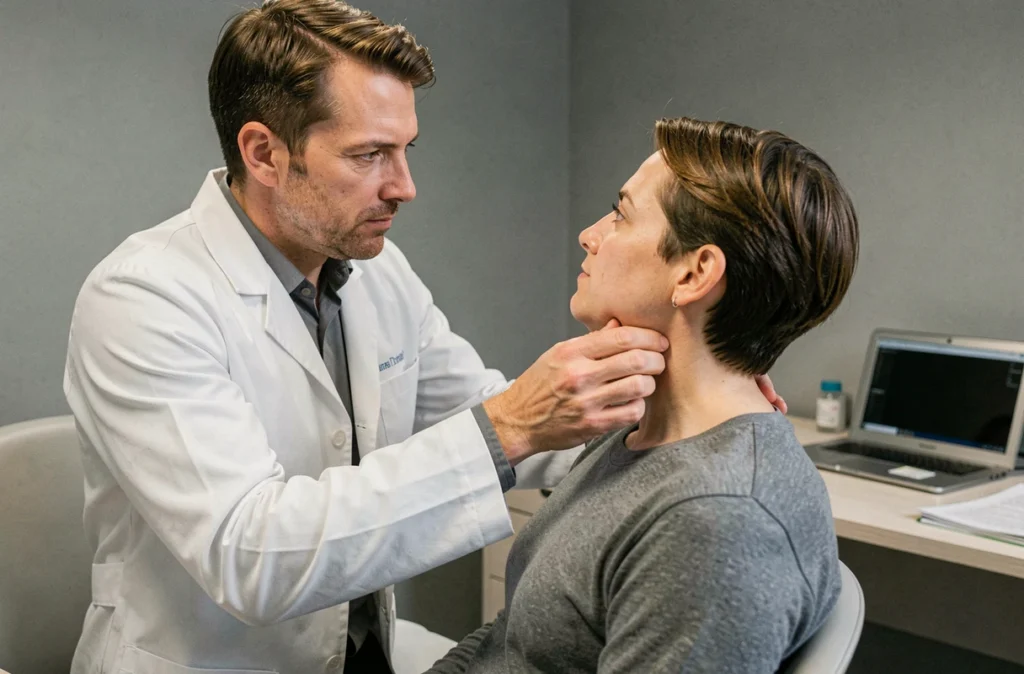 Raphaël Delouche, ostéopathe à Saint-Pryvé-Saint-Mesmin, réalisant un bilan cervical sur un patient assis