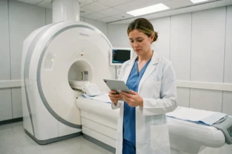 Technicienne en imagerie médicale debout devant une machine IRM dans un centre de radiologie moderne