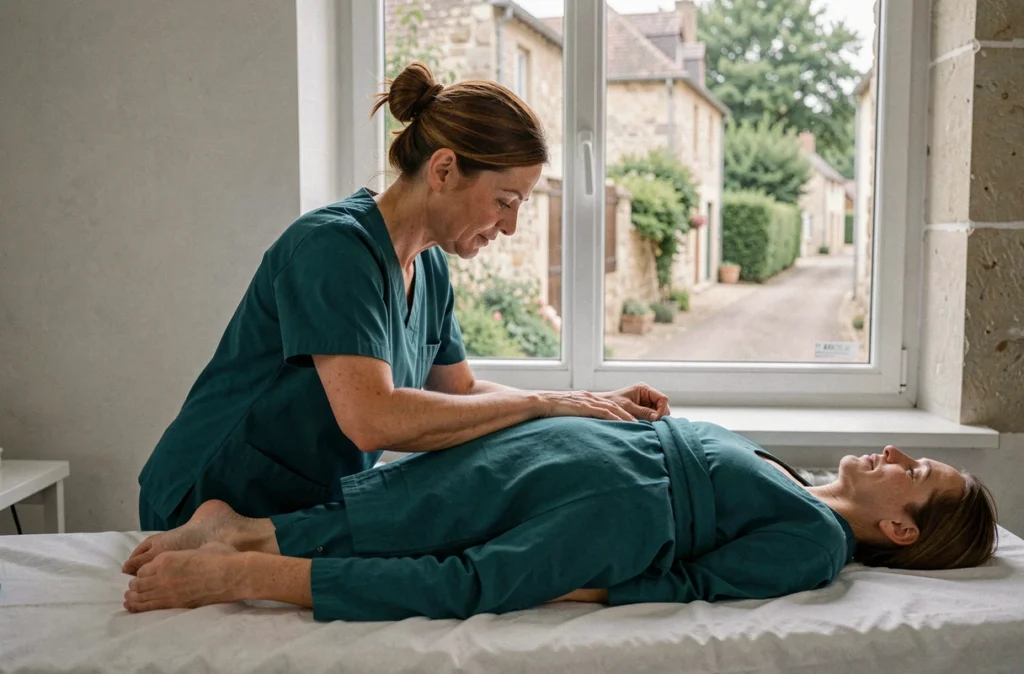 Virginie Toison, ostéopathe à Lorris, évaluant la mobilité des jambes d'un patient allongé