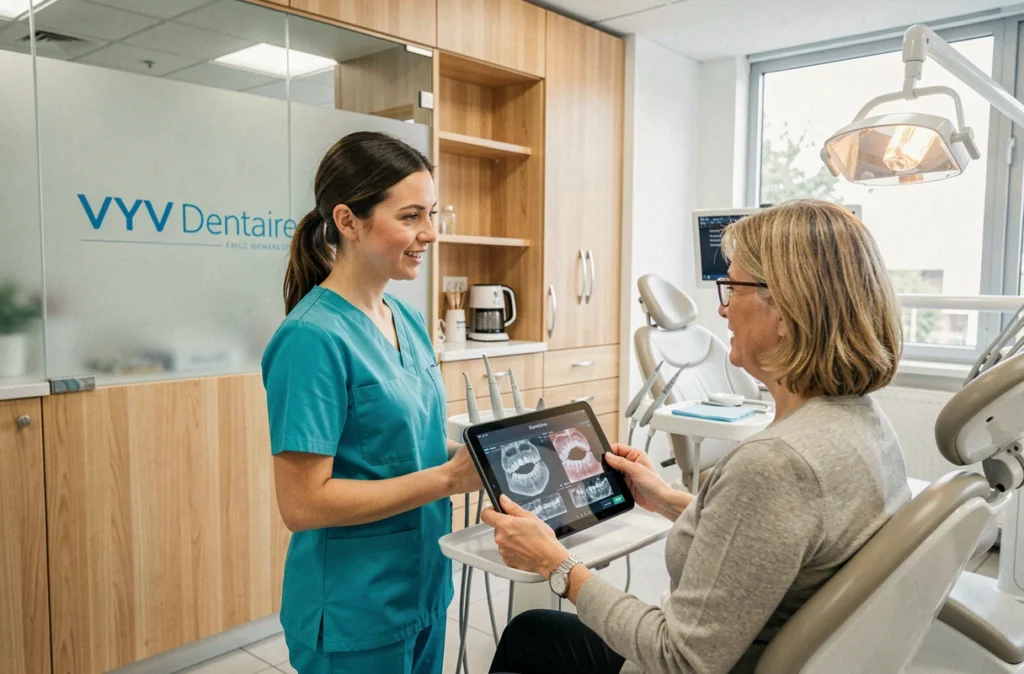 Dentiste VYV Dentaire Caen présentant un plan de traitement à une patiente