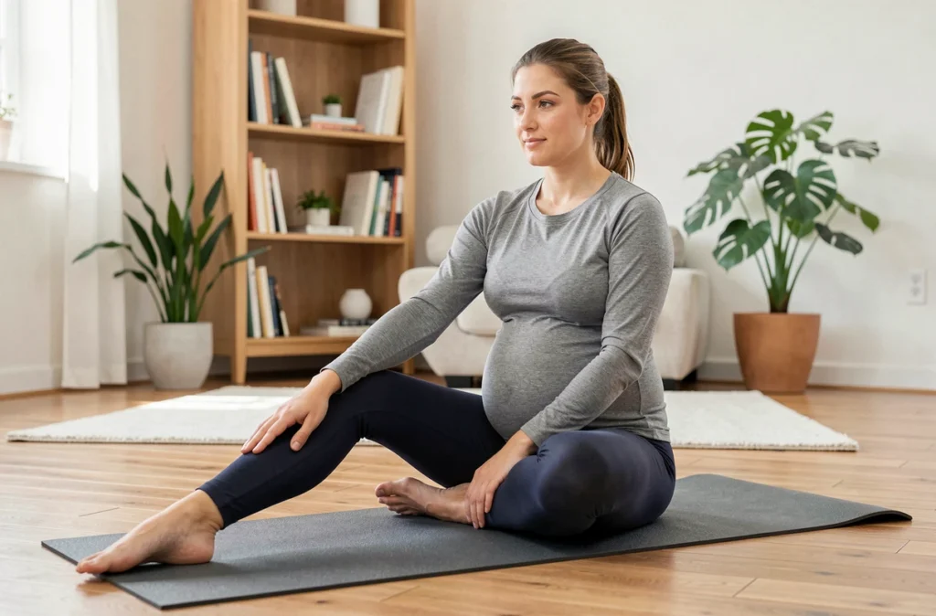 Femme enceinte pratiquant un étirement doux assis sur un tapis de yoga pour soulager la douleur sciatique pendant la grossesse