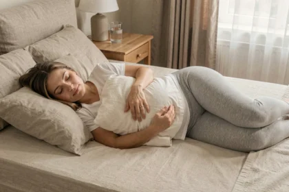 Femme enceinte allongée sur le côté gauche avec un coussin de maternité entre les genoux pour soulager la sciatique pendant la grossesse
